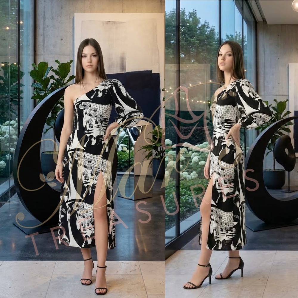 Reformation Persephone Print One Shoulder High Slit Midi Dress Sz 4
